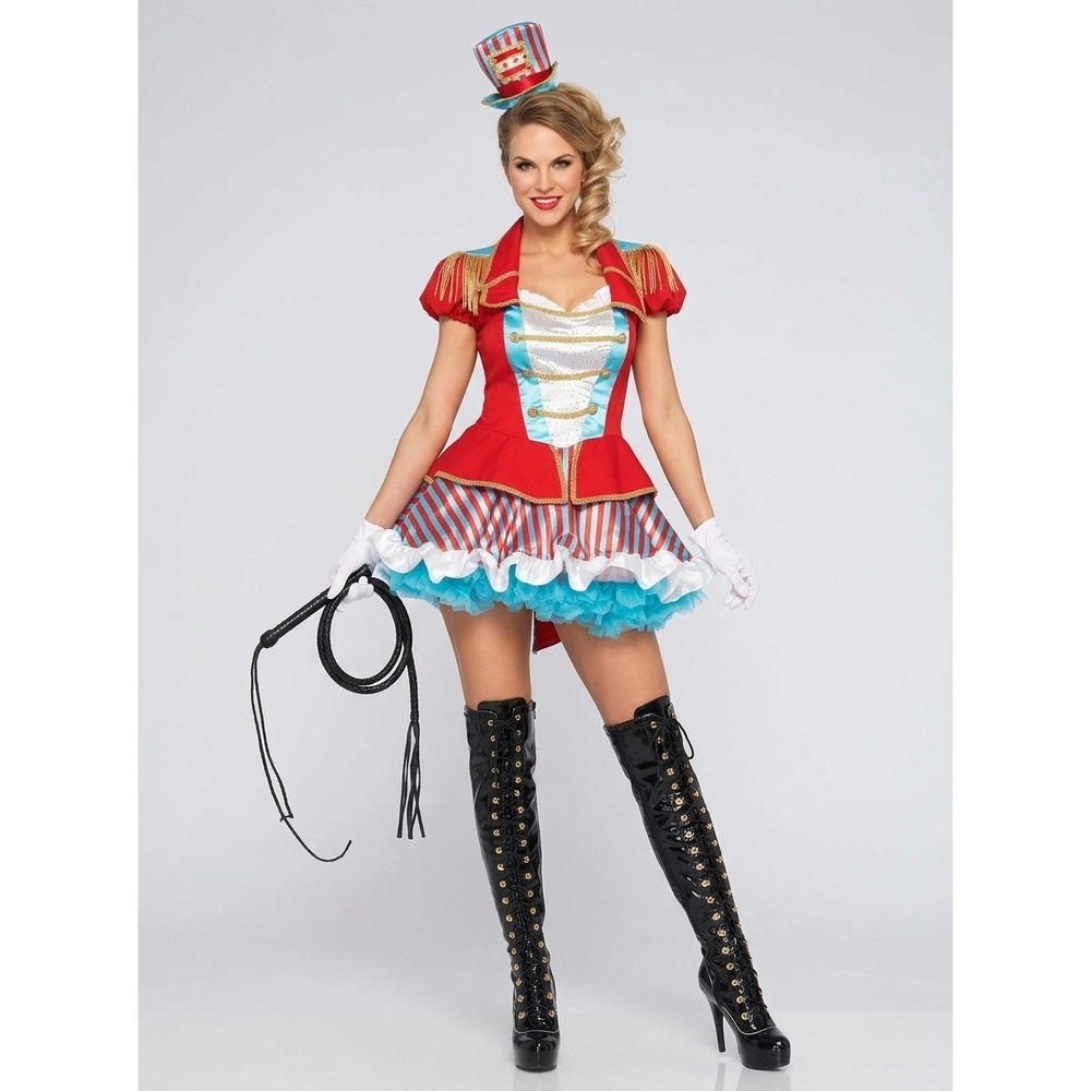Ravishing Ring Master Circus Costume Women Dress Leg Avenue Hat Red Blue Medium